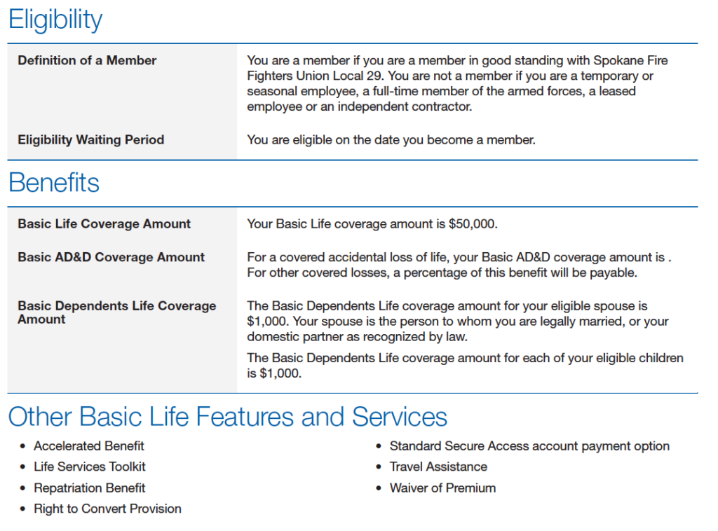 Spokane Trust overview information graphic, includes Eligibility, Benefits, and Other Basic Life Features and Service